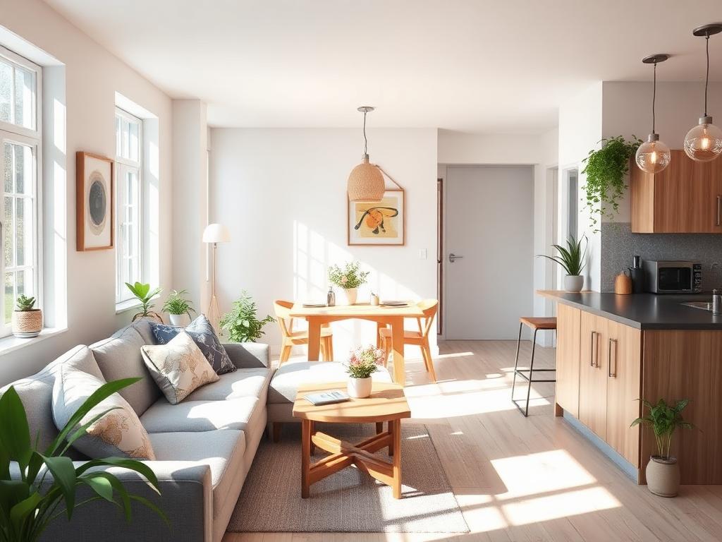 Bright common sitting area with dining table and kitchen access