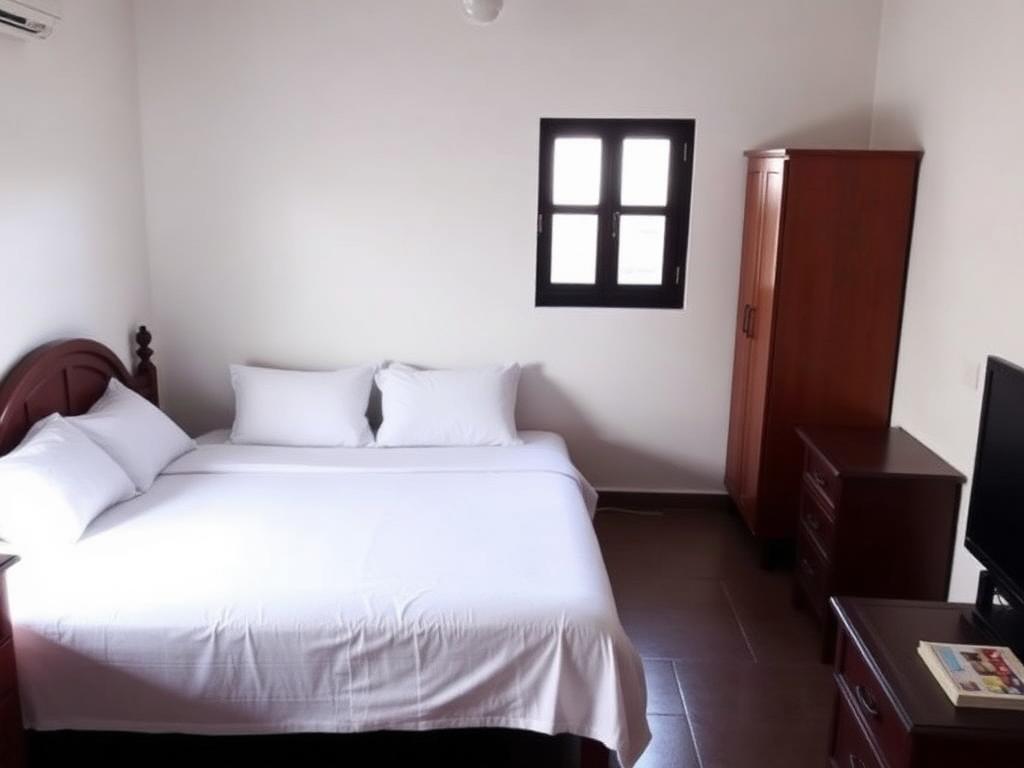 Clean homestay bedroom with double bed and wooden wardrobe in Indore