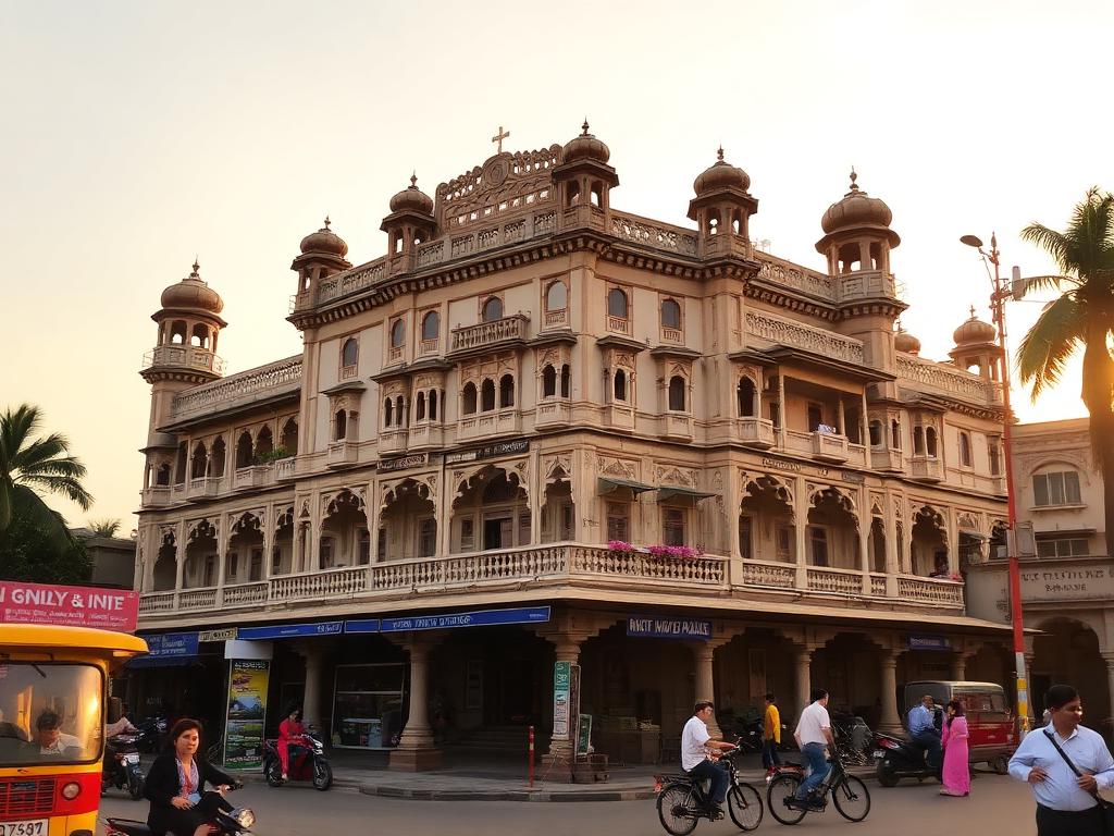 Historic Rajwada palace facade in Indore at golden hour