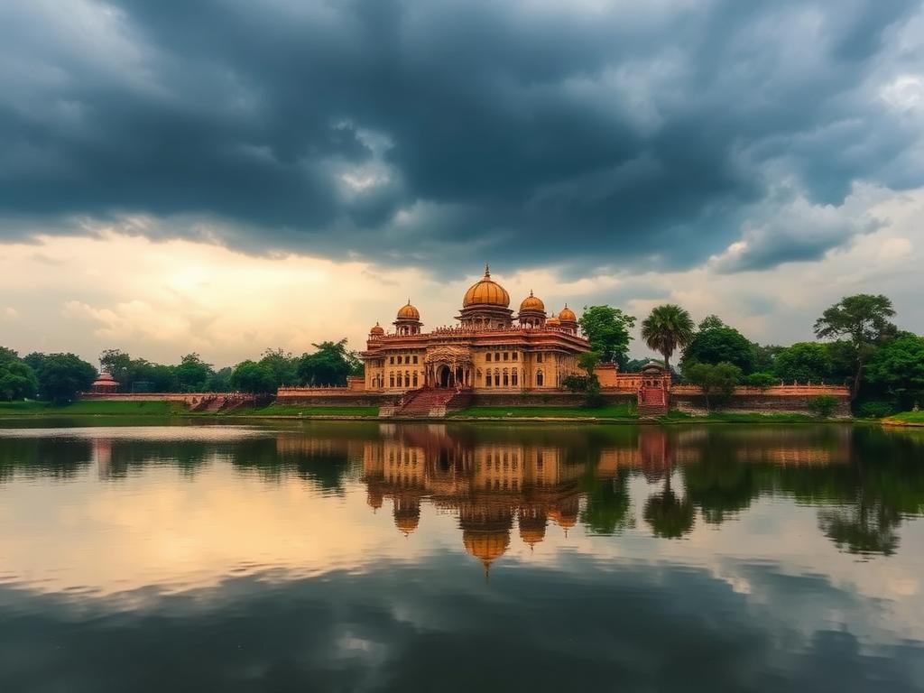 Jahaz Mahal palace in Mandu reflected in a monsoon lake