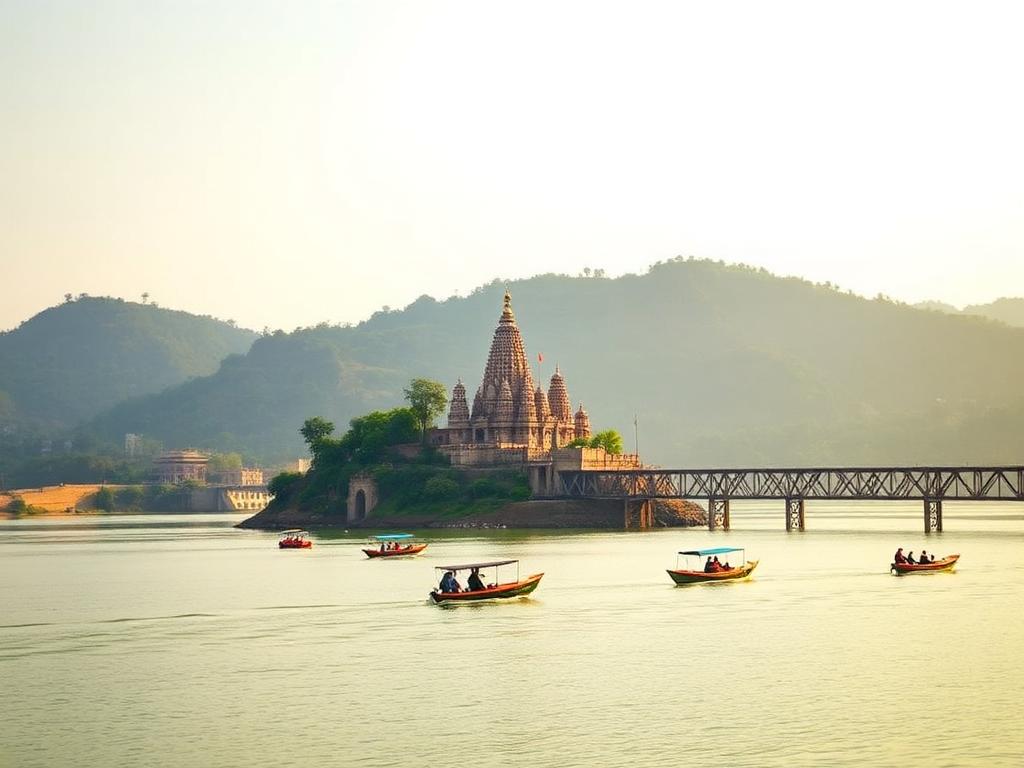 Omkareshwar temple island on the Narmada river with boats