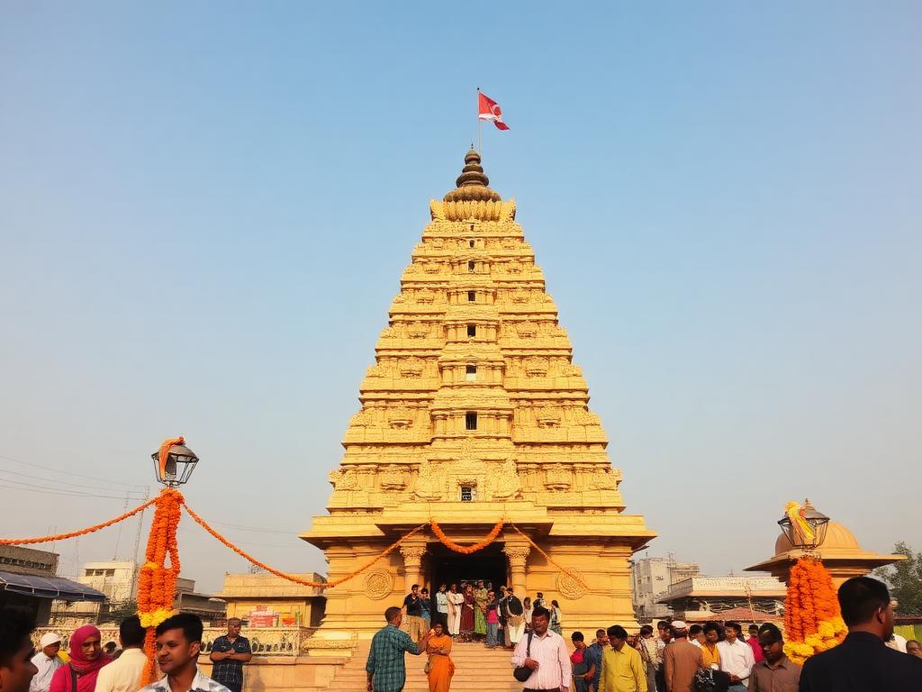 Mahakaleshwar temple spire in Ujjain decorated with marigold garlands